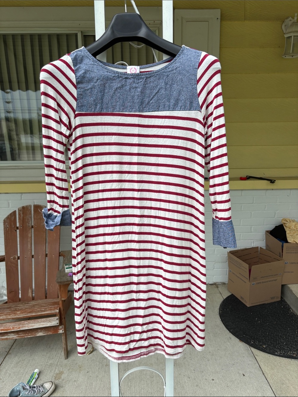 Anna Cream and Red Striped Knit Dress with Chambray Yoke
